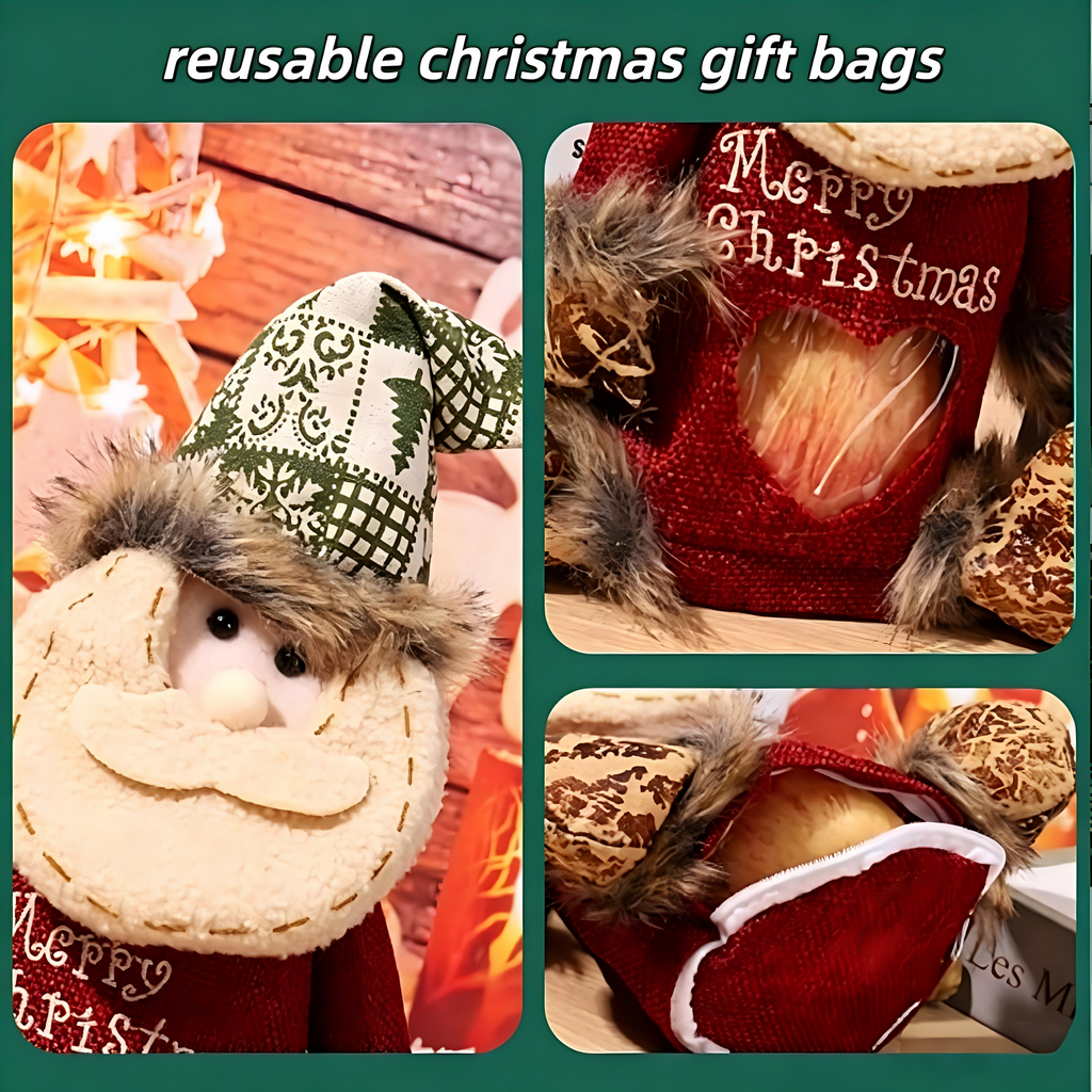 2026 New Christmas Gift Bags Zipper Design,Reusable Three-Dimensional Hollowed-Out Linen Fabric Christmas Gift bag，for Packaging Candies, Fruits and Small Toys