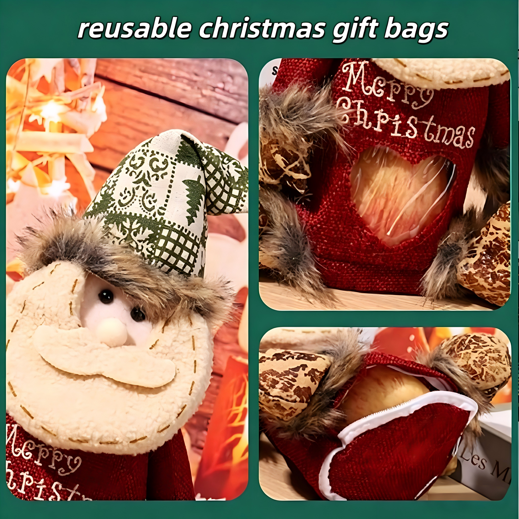 2026 New Christmas Gift Bags Zipper Design,Reusable Three-Dimensional Hollowed-Out Linen Fabric Christmas Gift bag，for Packaging Candies, Fruits and Small Toys