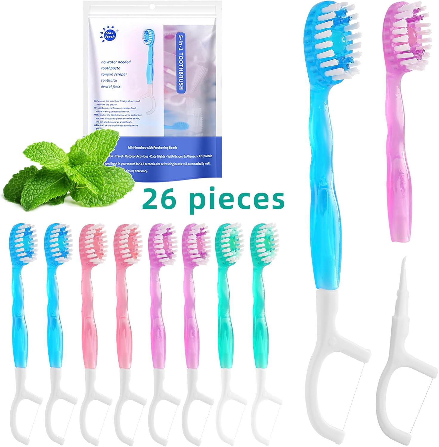 Small Toothbrush Disposable Toothpaste,Tongue Scrapers,Floss and Pick.Travel Pack For 26 Count.