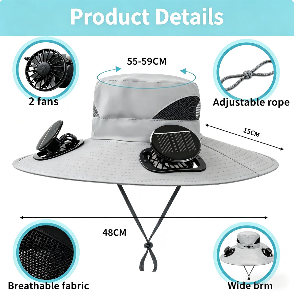 Wide-Brimmed Outdoor Sun Hat, Solar-Powered Fan Hat, Fishing Hat with Detachable USB-Rechargeable Fan
