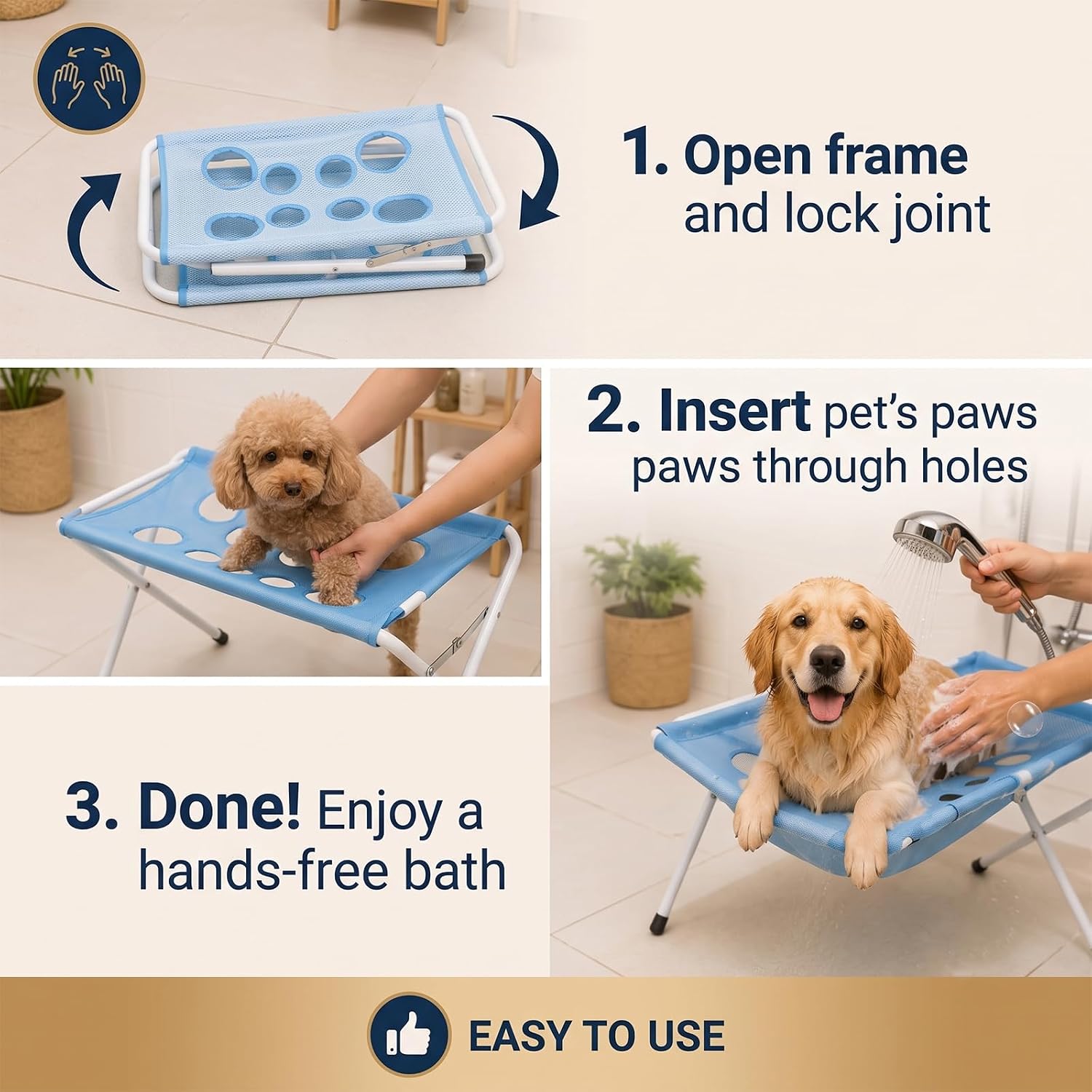 Pet Bath Stand - with Foldable Metal Tube Frame, Quick-Drying Mesh Bath Mat, Eight-Hole Design, Suitable for Dogs and Cats of Different Sizes for Home Bathing and Grooming (Blue)