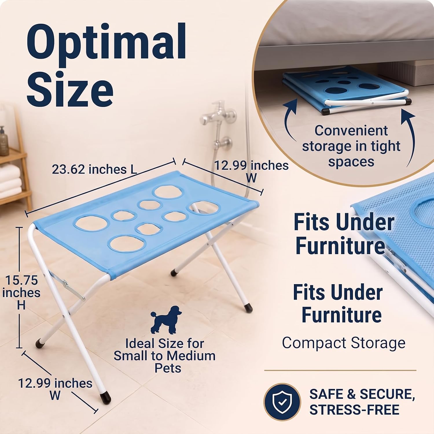 Pet Bath Stand - with Foldable Metal Tube Frame, Quick-Drying Mesh Bath Mat, Eight-Hole Design, Suitable for Dogs and Cats of Different Sizes for Home Bathing and Grooming (Blue)