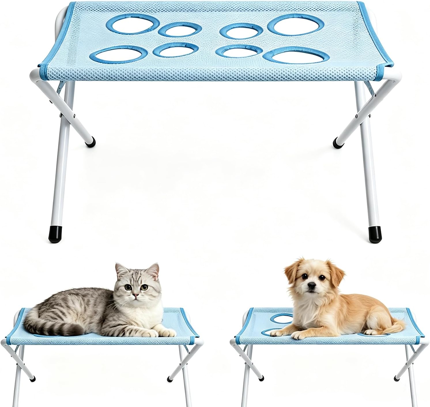Pet Bath Stand - with Foldable Metal Tube Frame, Quick-Drying Mesh Bath Mat, Eight-Hole Design, Suitable for Dogs and Cats of Different Sizes for Home Bathing and Grooming (Blue)