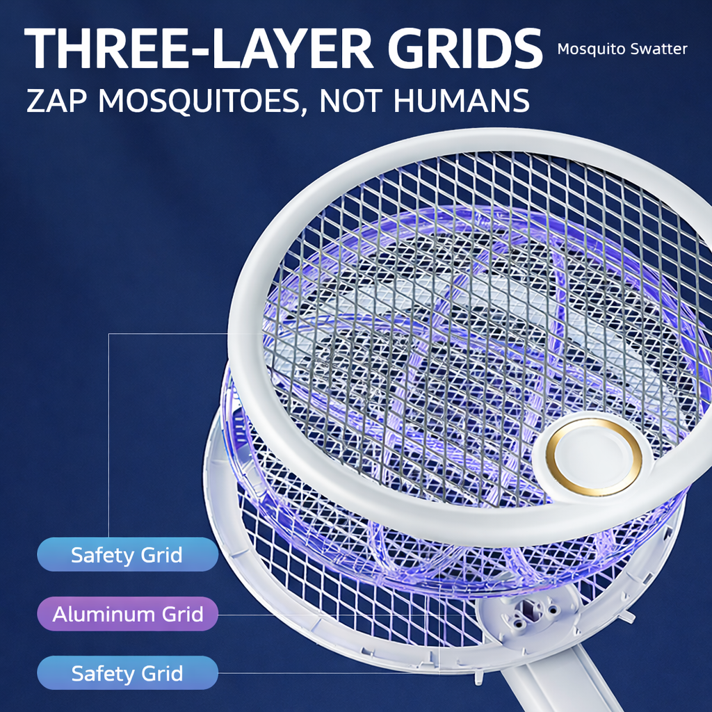 Electric Fly Swatter Foldable Bug Zapper Racket 2 in 1 Mosquito Killer with Purple Attractant Light Rechargeable for Indoor Home Backyard Patio Camping