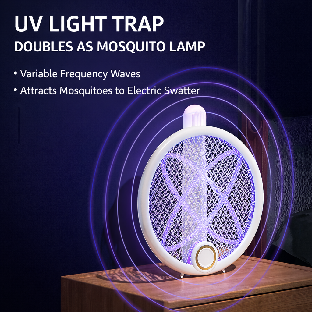 Electric Fly Swatter Foldable Bug Zapper Racket 2 in 1 Mosquito Killer with Purple Attractant Light Rechargeable for Indoor Home Backyard Patio Camping