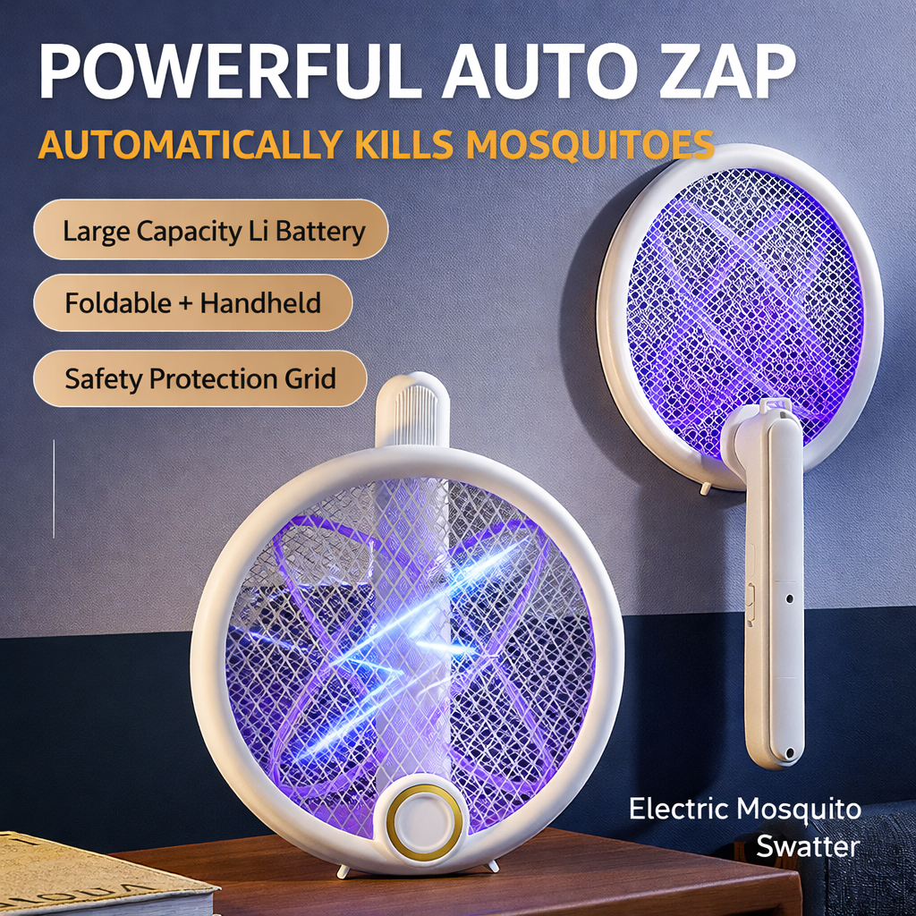Electric Fly Swatter Foldable Bug Zapper Racket 2 in 1 Mosquito Killer with Purple Attractant Light Rechargeable for Indoor Home Backyard Patio Camping