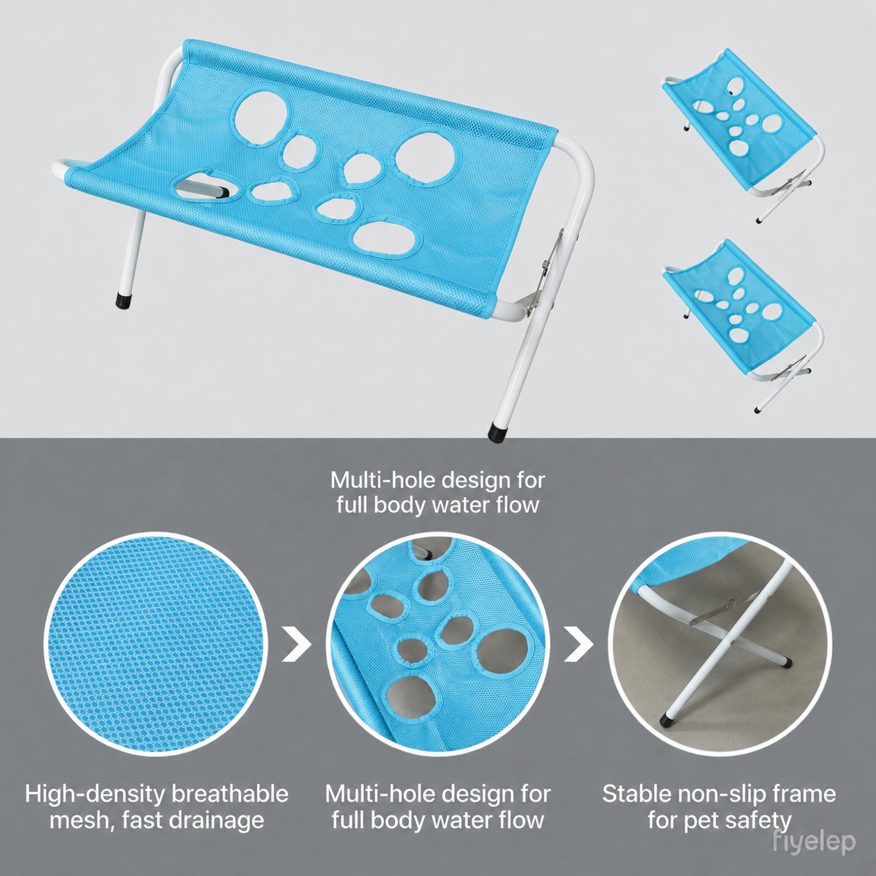 Pet Bath Stand - with Foldable Metal Tube Frame, Quick-Drying Mesh Bath Mat, Eight-Hole Design, Suitable for Dogs and Cats of Different Sizes for Home Bathing and Grooming (Blue)