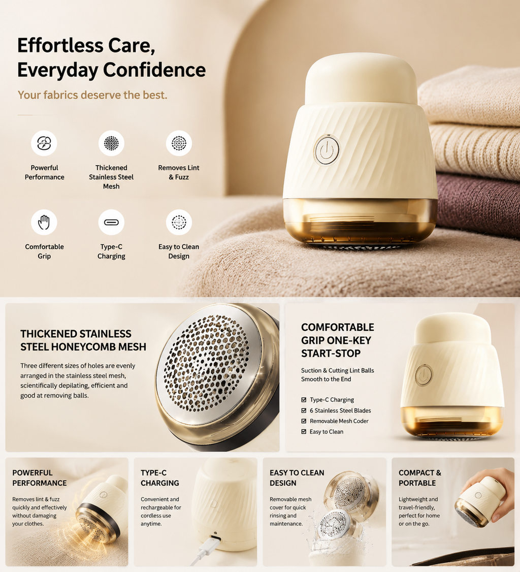 Fabric Shaver, Lint Remover Rechargeable, Electric Portable Sweater Defuzzer with 3 Speeds, 6 Leaf Blades, Remove Pilling for Clothes, Furniture, Sweater, Couch, Blanket