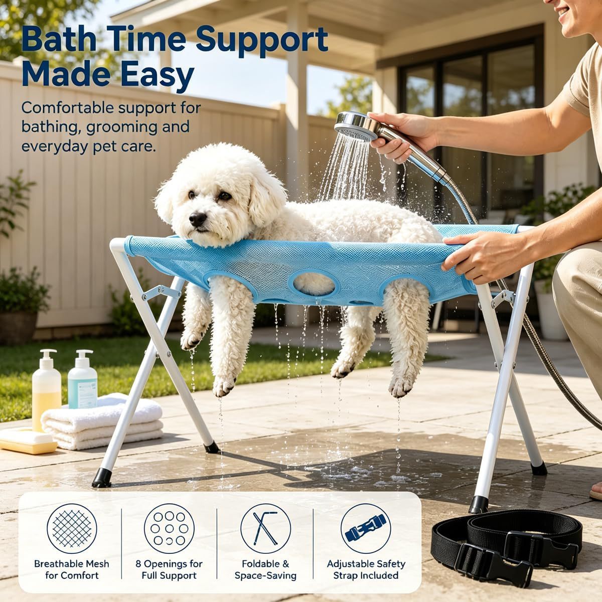 Pet Bath Stand - with Foldable Metal Tube Frame, Quick-Drying Mesh Bath Mat, Eight-Hole Design, Suitable for Dogs and Cats of Different Sizes for Home Bathing and Grooming (Blue)